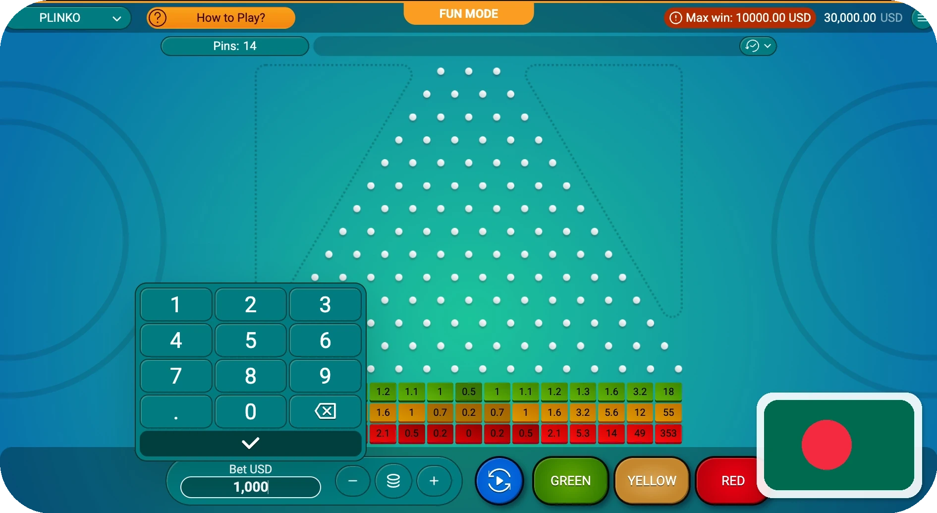 Readable Plinko game interface showing the board and controls inside an online gaming environment
